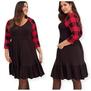Torrid Women's Super Soft Knits Skater Dress Size 1 1X Brown Red Plaid Sleeves
